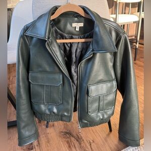 Silence and Noise Dark Green Leather Jacket. Bomber Jacket. Size Large.